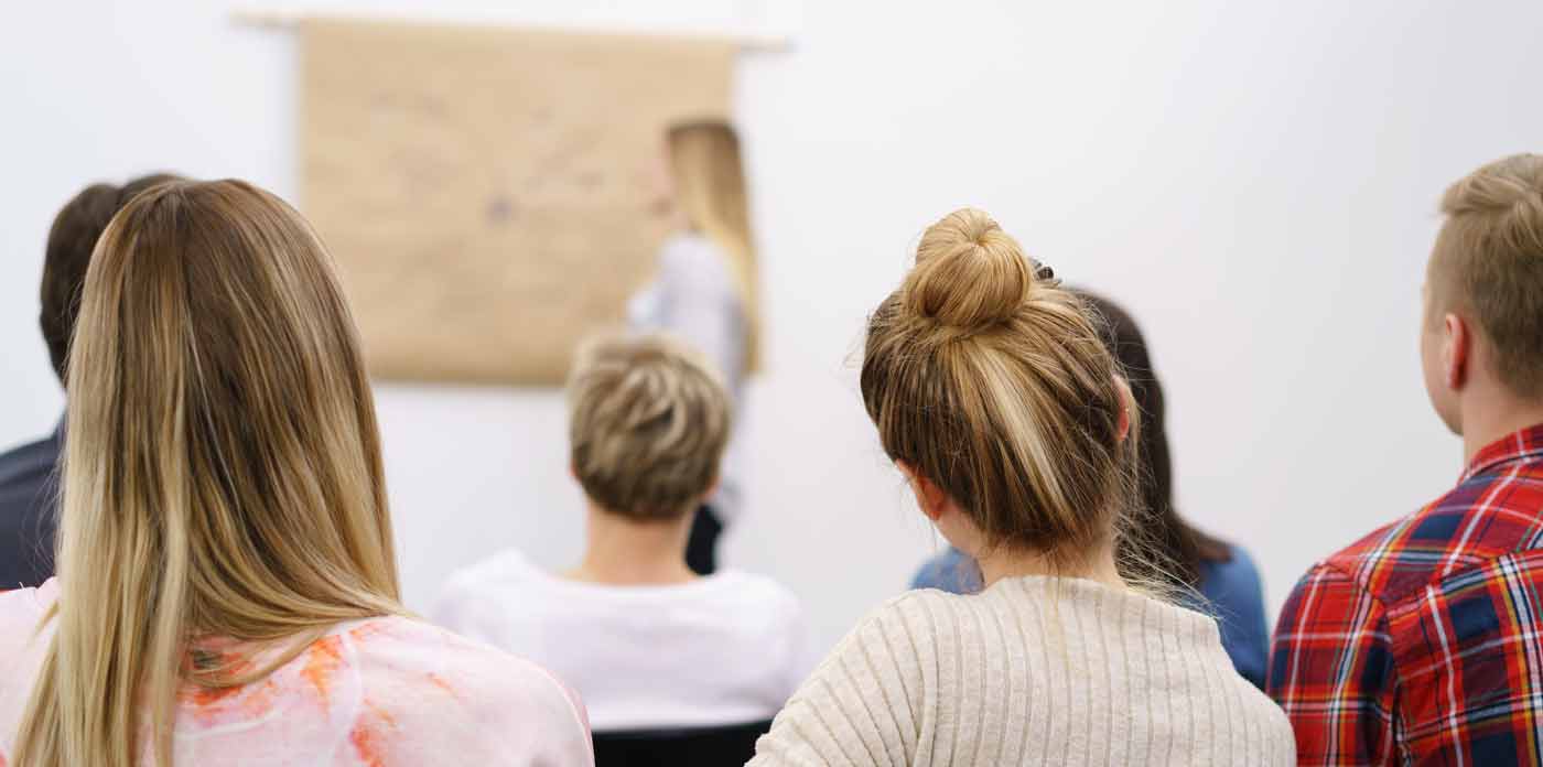 Kurse für Fachkräfte: Weiterbildung ICF-CY. Bild zeigt teilnehmende Gruppe von Personen von hinten. Im Hintergrund ist eine Frau zu sehen, die an einer Tafel steht und referiert.