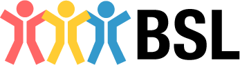 BSL bewegen spielen lernen Kassel Logo mit drei stilisierten Figuren in den Farben rot gelb blau