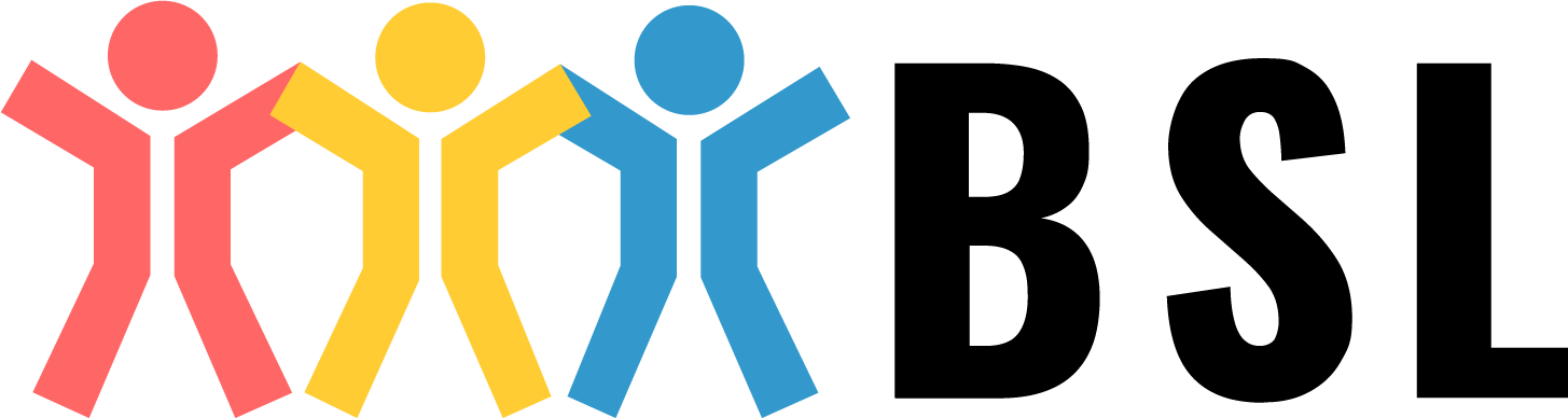 BSL bewegen spielen lernen Kassel Logo mit drei stilisierten Figuren in den Farben rot gelb blau